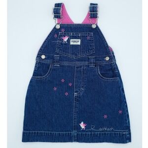 Vintage OshKosh Girls Denim Overall Dress Pink Bird Flower Embroidery Size 24 M